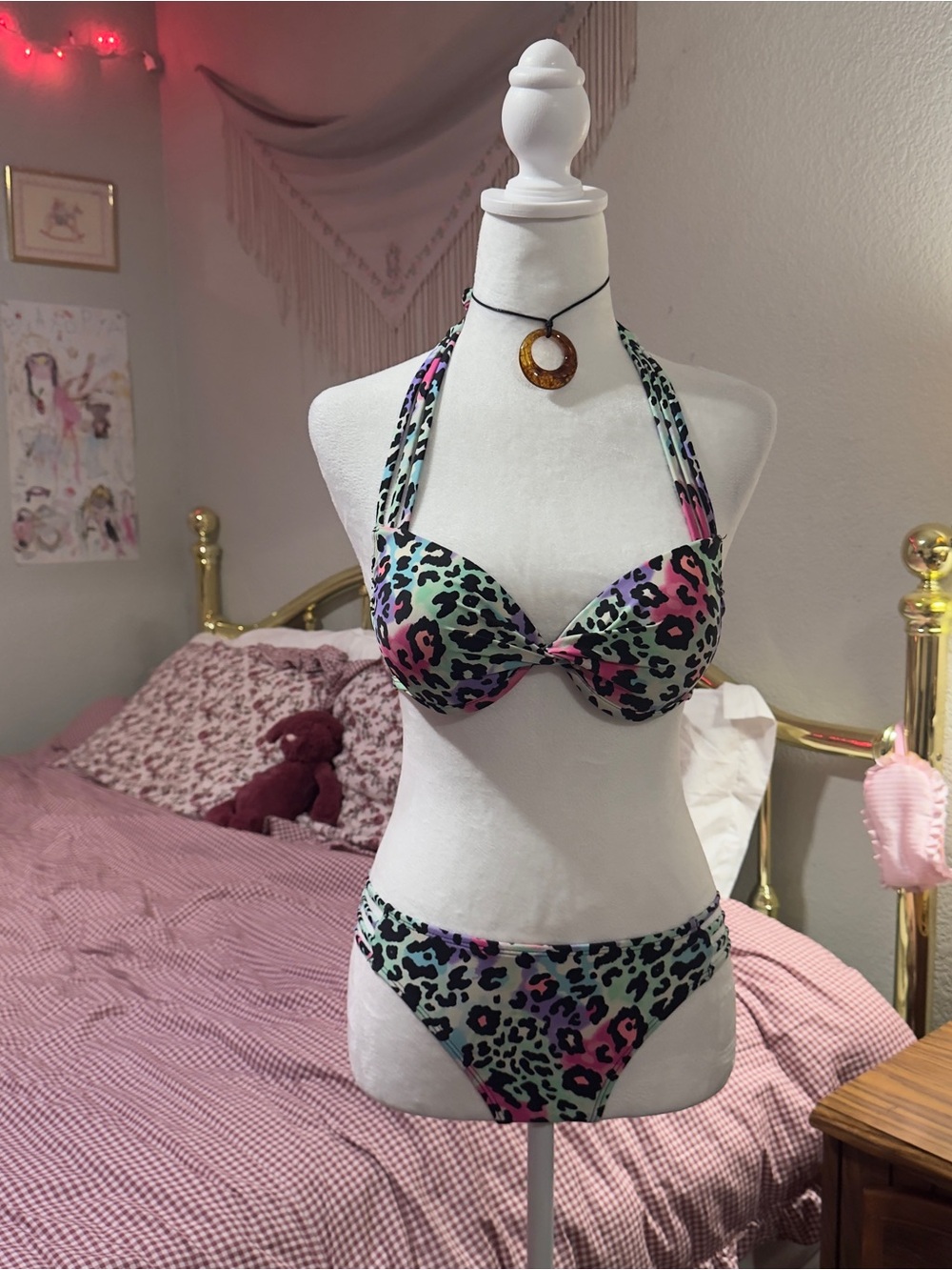 Y2K Halter Leopard Print Bikini Set in Multicolor